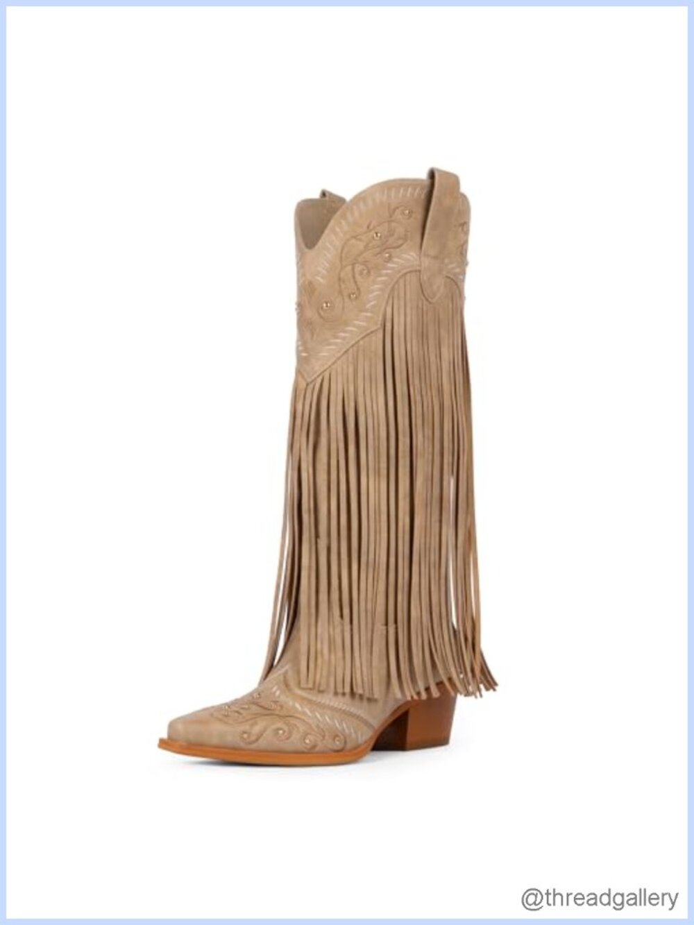 Faux Leather Knee High Cowboy Boots Fringe Embroidered Pointed Toe Block Heel